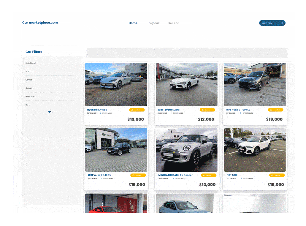 A sleek website showcasing various car models, prices, and contact information for a car dealer